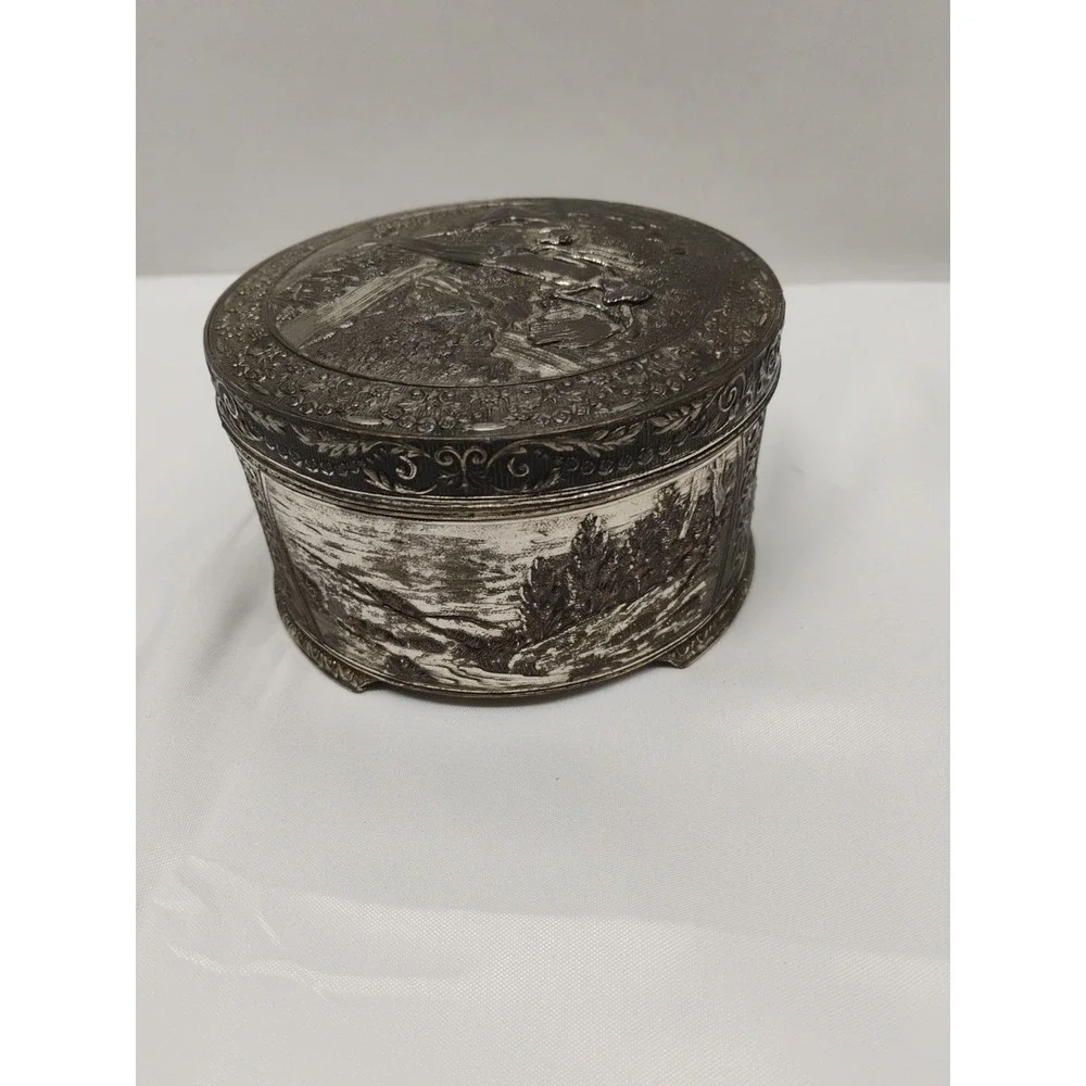 Japan Metal Trinket Dresser Box Risque Ladies Bathing At The Stream Vintage